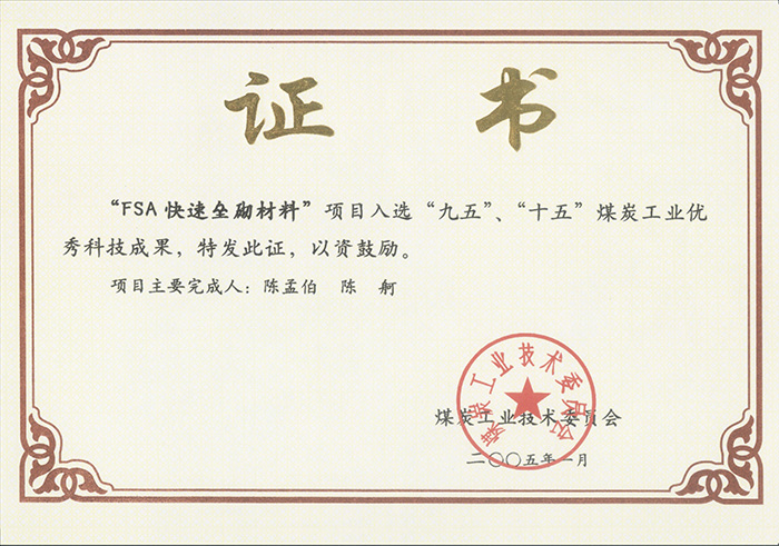 2005年1月FSA快速壘砌材料獲“九五、十五”科技成果獎.jpg